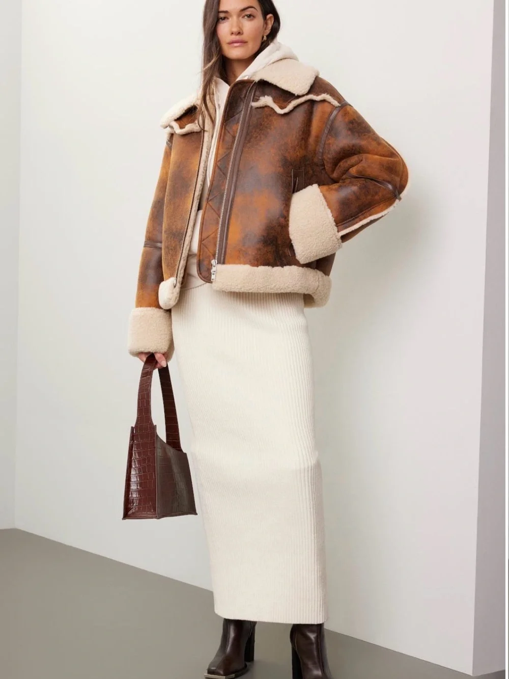 Stand Studio Brown Leather Aviator Jacket with Cream Shearling